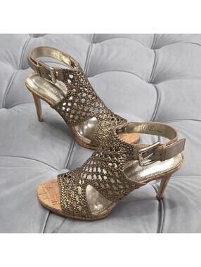 Donald J Pliner Sania Stiletto Caged Sandals Gold Leather Womens Shoes Heels 6.5